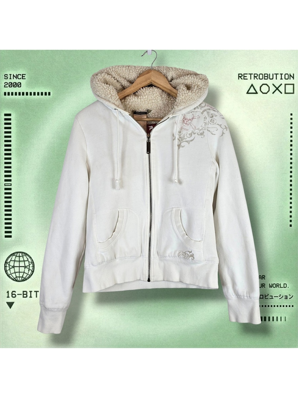 Y2K Fleece Lined Zip Up Hoodie Sweatshirt White Size M